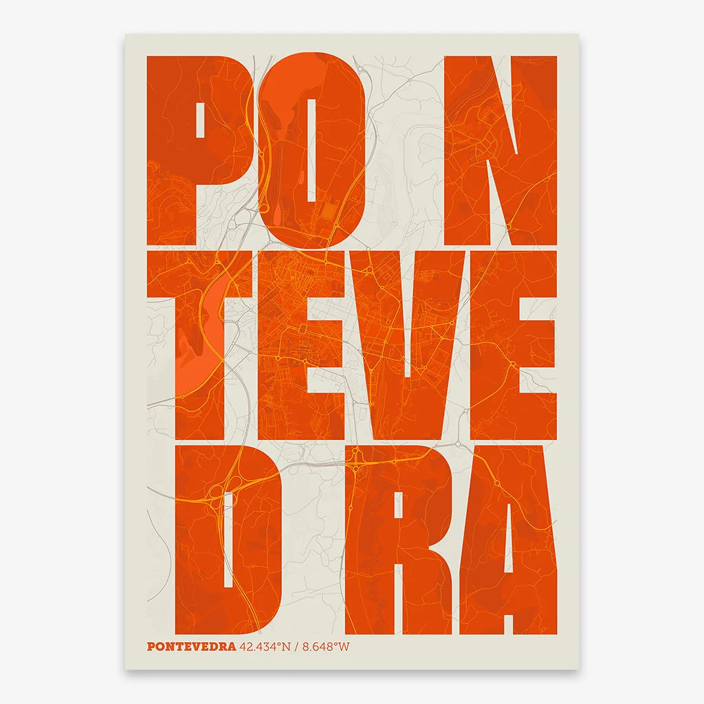 Decorative print of Pontevedra with letters of its name placed randomly, designed in orange and an off-white background