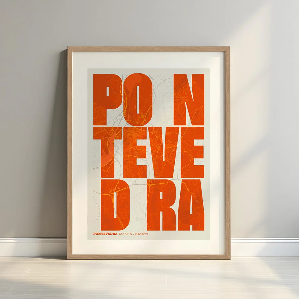 Framed Pontevedra in Unruled design, where the city name letters appear randomly across different lines for a truly original urban layout designed in orange and an off-white background with a white margin border in a warm lit minimalist setting