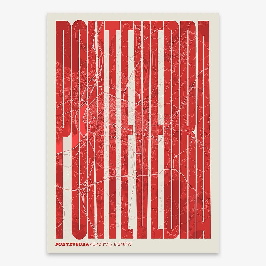 Decorative map of Pontevedra and letters of its name in a giclée print designed in red and an off-white background