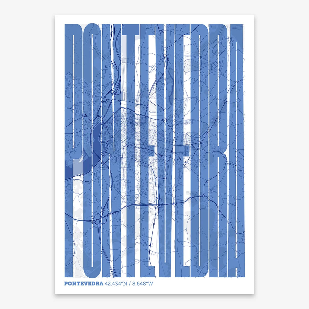 Decorative map of Pontevedra and letters of its name in a giclée print designed in navy blue and white