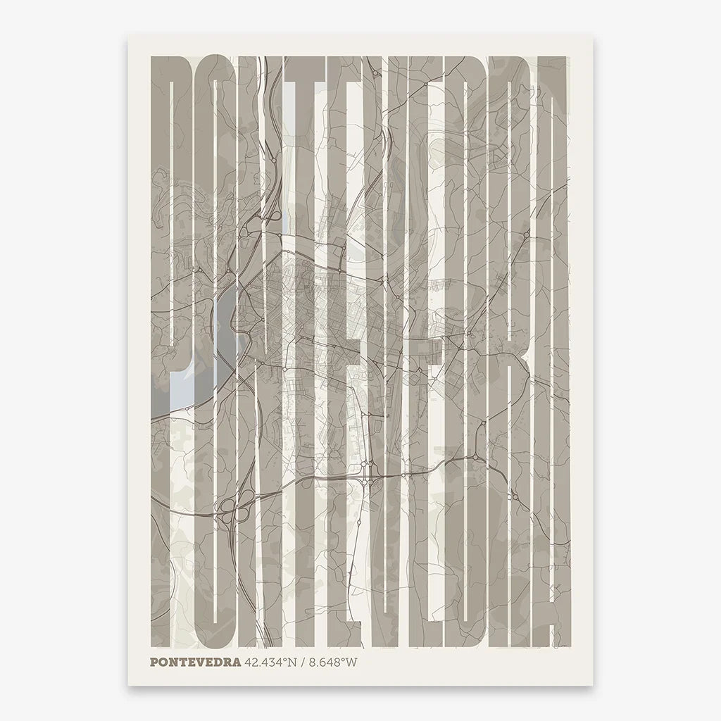 Decorative map of Pontevedra and letters of its name in a giclée print designed in light brown and an off-white background