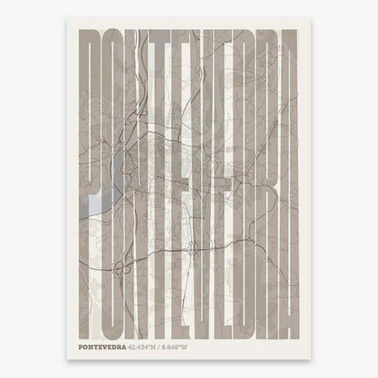 Decorative map of Pontevedra and letters of its name in a giclée print designed in light brown and an off-white background