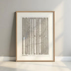 Framed Pontevedra in Extra Compressed design, where the letters are tightly squeezed to fit the city's map shape designed in light brown and an off-white background with a white margin border in a warm lit minimalist setting