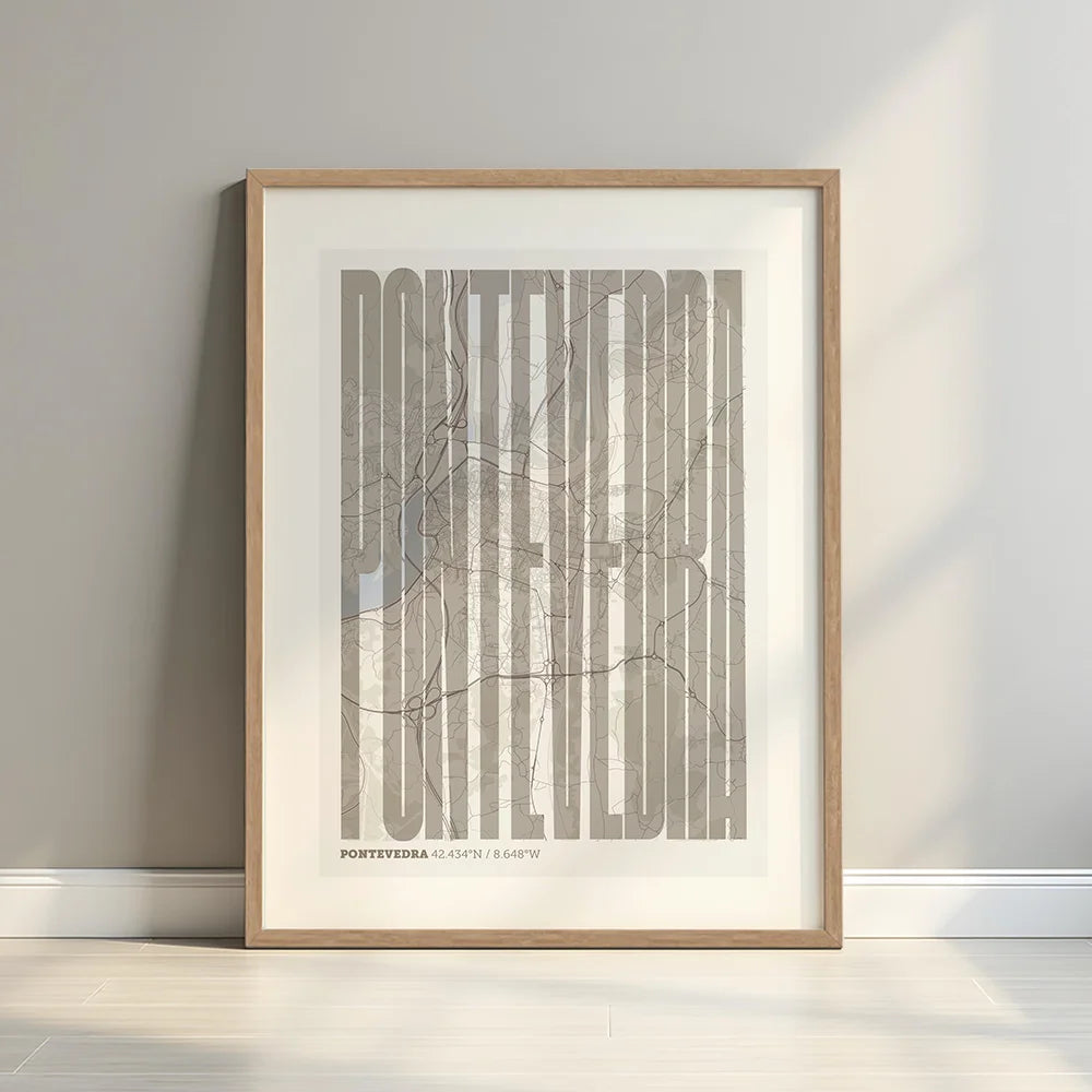 Framed Pontevedra in Extra Compressed design, where the letters are tightly squeezed to fit the city's map shape designed in light brown and an off-white background with a white margin border in a warm lit minimalist setting