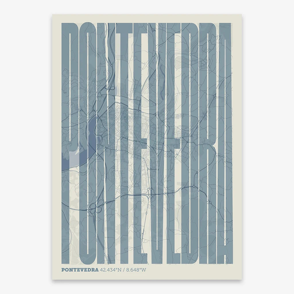 Decorative map of Pontevedra and letters of its name in a giclée print designed in bluish gray and an off-white background