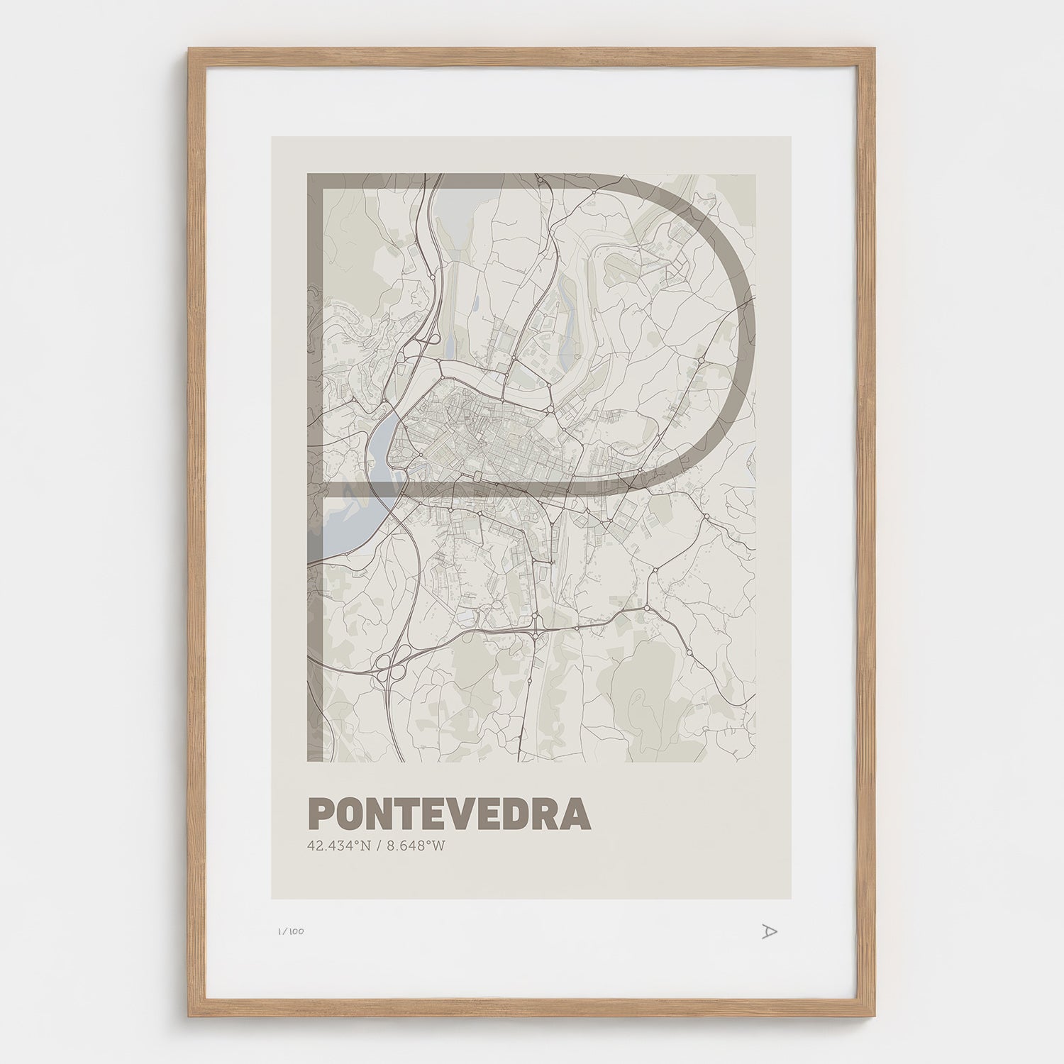 Lámina tipográfica de Pontevedra – diseño Ultrafina, marco de madera natural