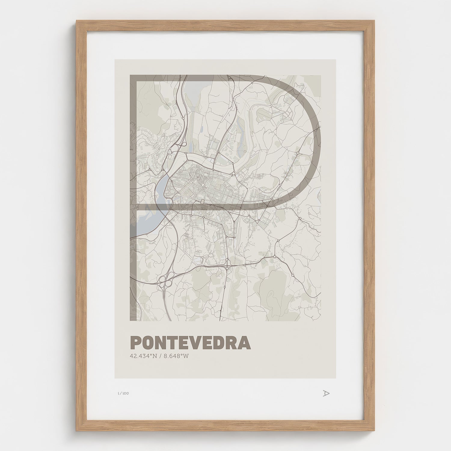 Lámina tipográfica de Pontevedra – diseño Ultrafina, marco de madera natural