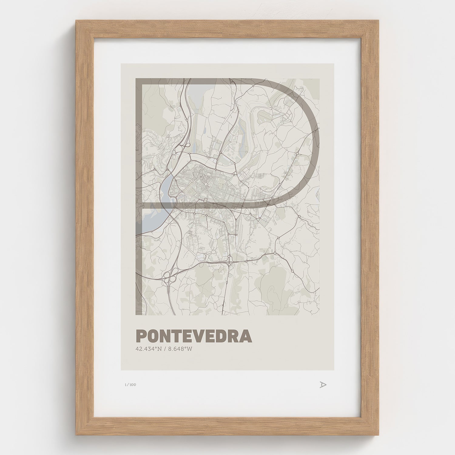 Lámina tipográfica de Pontevedra – diseño Ultrafina, marco de madera natural
