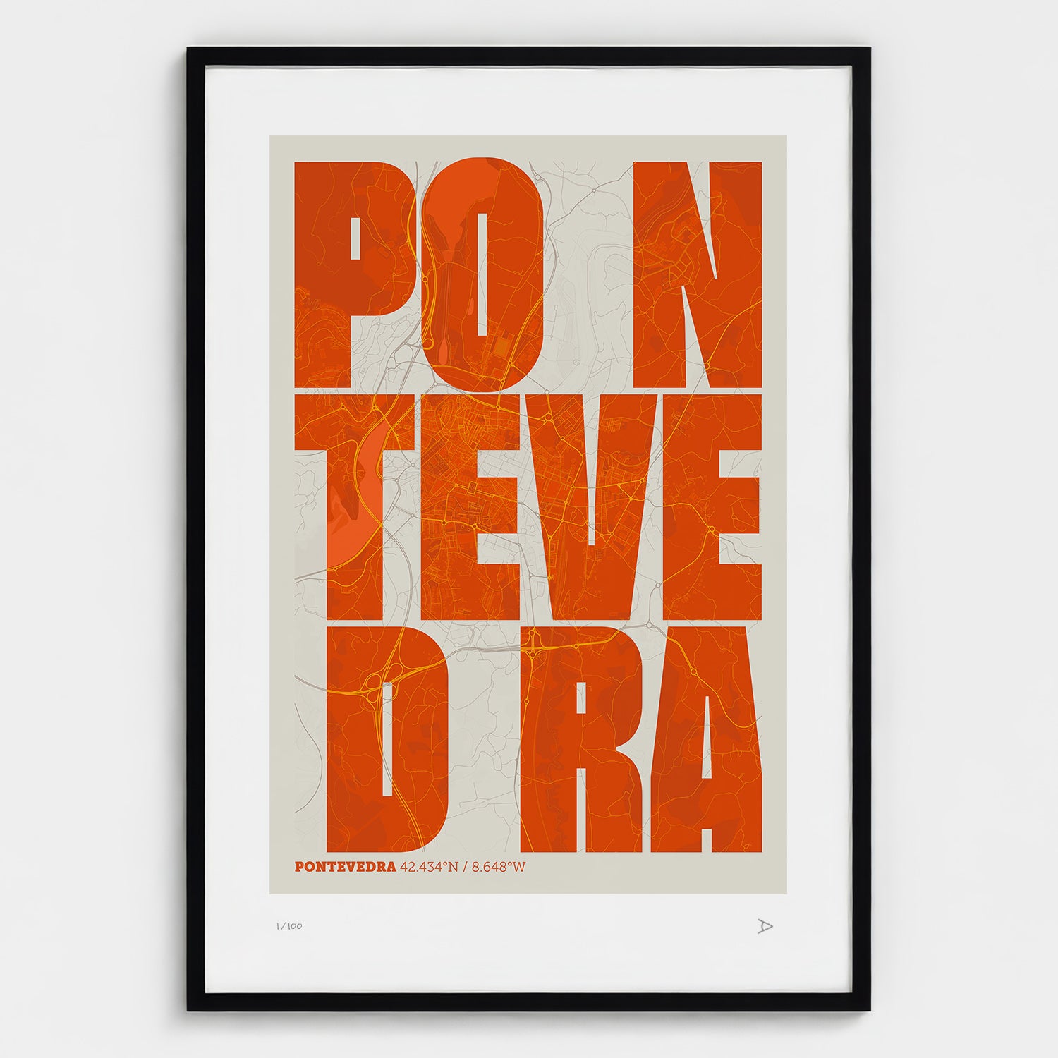 Lámina tipográfica de Pontevedra – diseño Revoltosa, marco negro