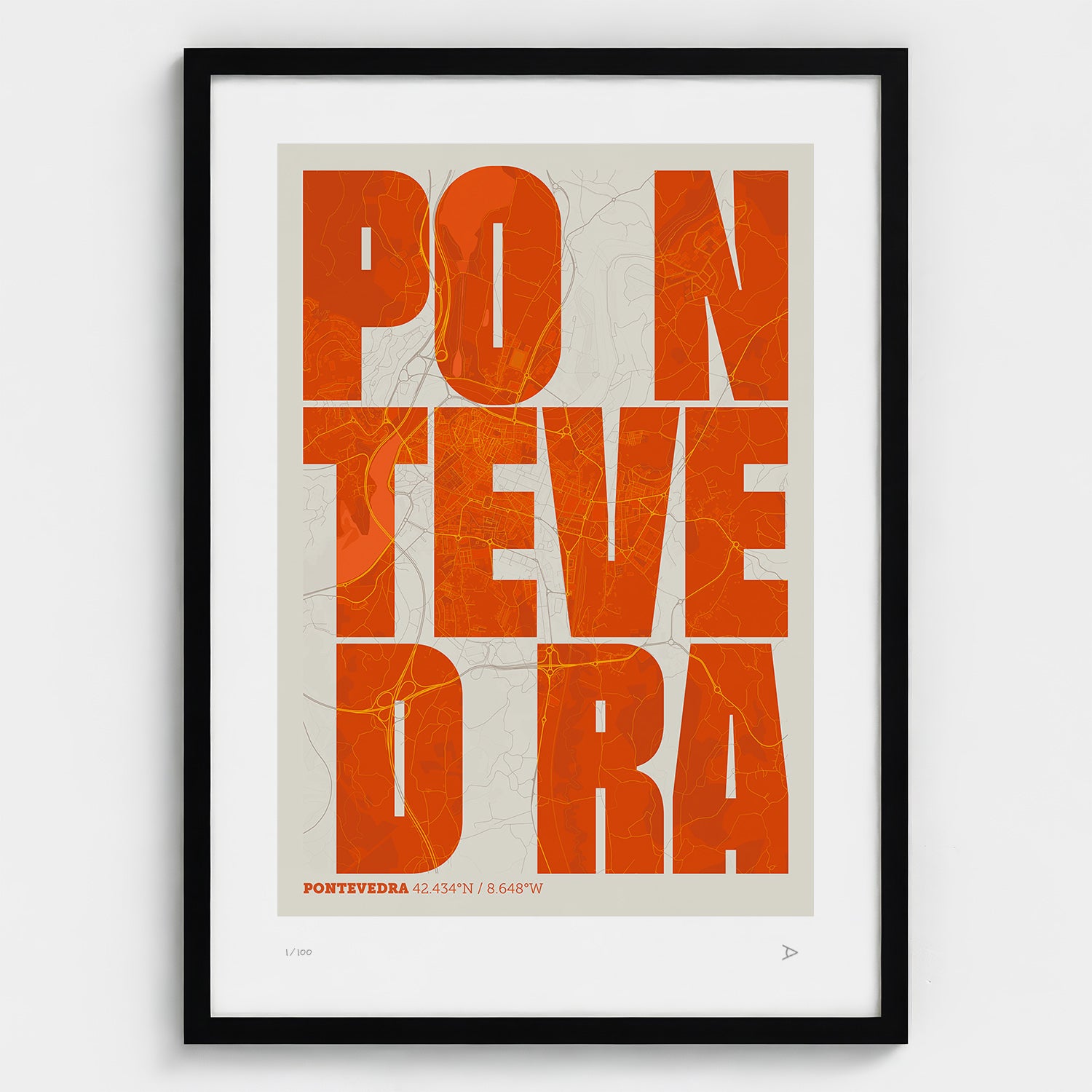 Lámina tipográfica de Pontevedra – diseño Revoltosa, marco negro