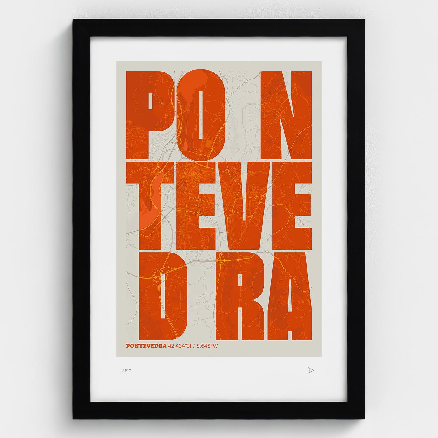 Lámina tipográfica de Pontevedra – diseño Revoltosa, marco negro