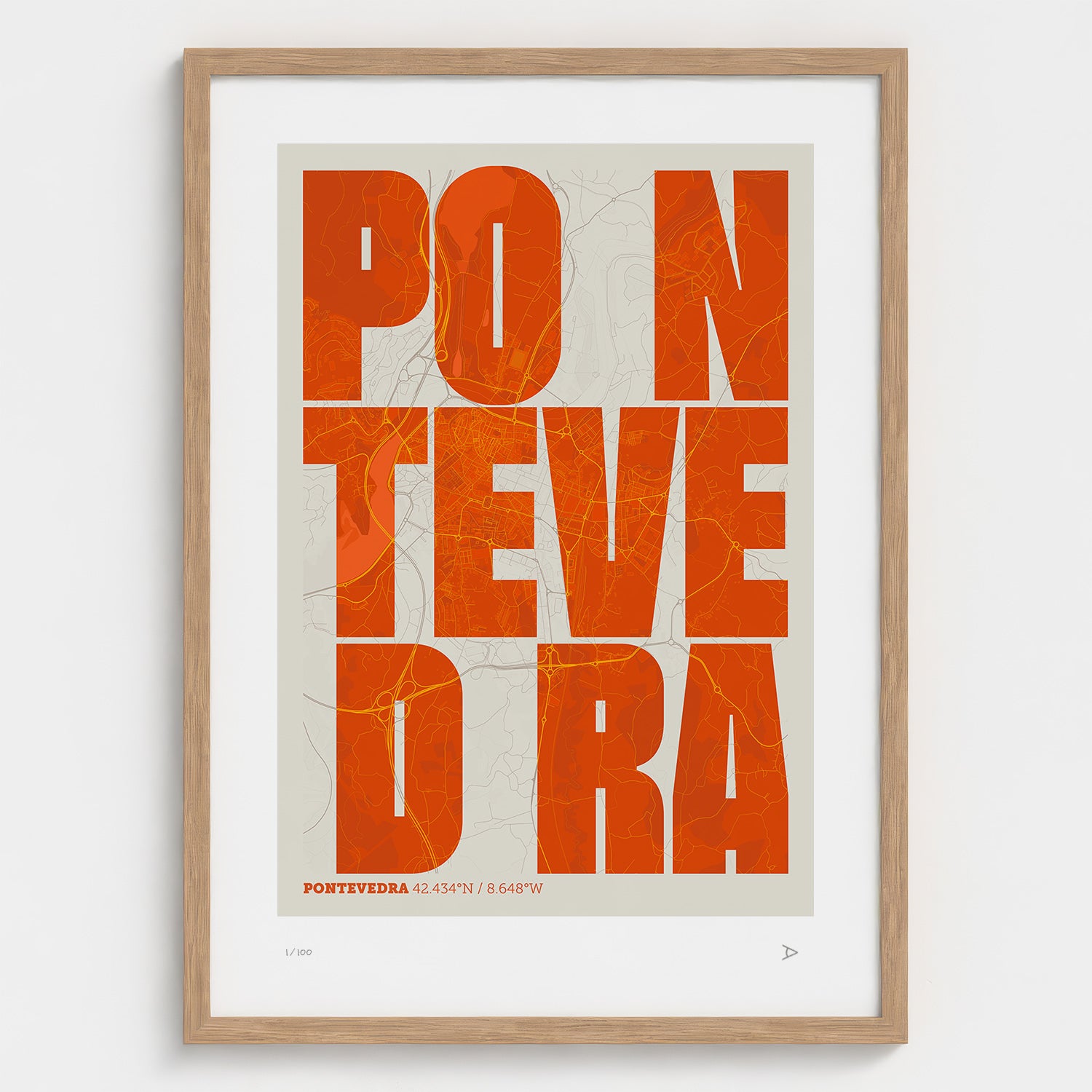 Lámina tipográfica de Pontevedra – diseño Revoltosa, marco de madera natural