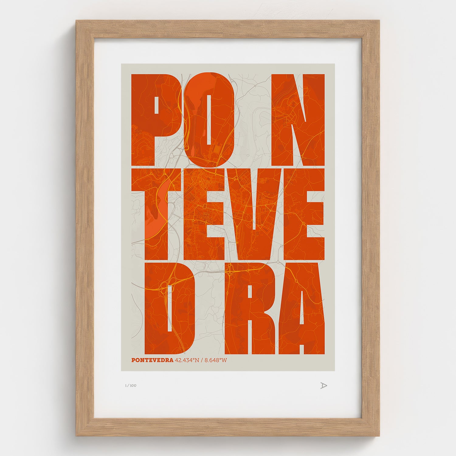Lámina tipográfica de Pontevedra – diseño Revoltosa, marco de madera natural