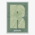 Mapa de Reinosa en diseño la Súper Bold, un póster tipográfico donde el mapa de la ciudad se fusiona con una tipografía extra gruesa para un impacto visual moderno diseñado en dos tonos de verde