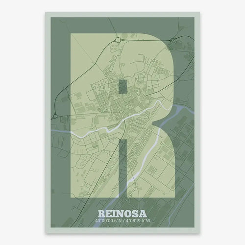 Mapa de Reinosa en diseño la Súper Bold, un póster tipográfico donde el mapa de la ciudad se fusiona con una tipografía extra gruesa para un impacto visual moderno diseñado en dos tonos de verde