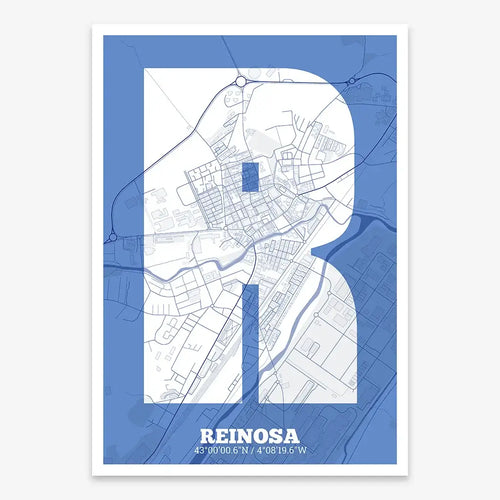 Mapa de Reinosa en diseño la Súper Bold, un póster tipográfico donde el mapa de la ciudad se fusiona con una tipografía extra gruesa para un impacto visual moderno diseñado en azul marino y blanco