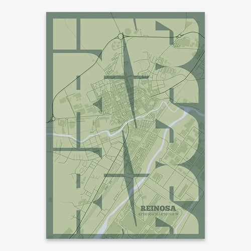 Mapa de Reinosa en mi diseño la Inseparable, una visión artística con una tipografía expresiva que muestra la abreviatura del nombre sobre el mapa detallado diseñado en dos tonos de verde