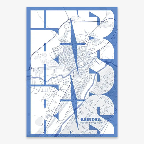 Mapa de Reinosa en mi diseño la Inseparable, una visión artística con una tipografía expresiva que muestra la abreviatura del nombre sobre el mapa detallado diseñado en azul marino y blanco