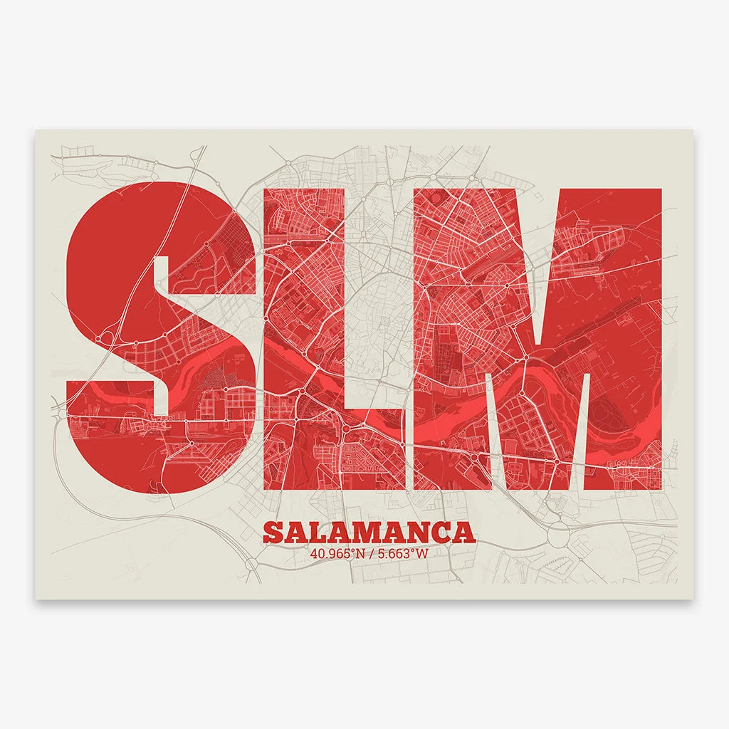 Decorative print of Salamanca composed with letters in a heavy geometric font printed on red and an off-white background