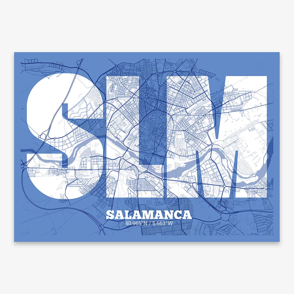 Decorative print of Salamanca composed with letters in a heavy geometric font printed on navy blue and white