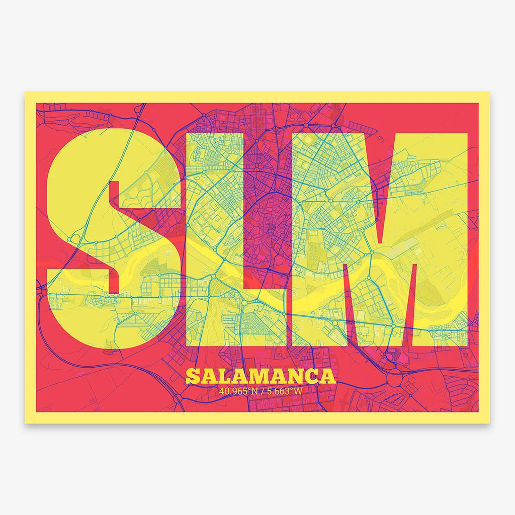 Decorative print of Salamanca composed with letters in a heavy geometric font printed on yellow and fuchsia