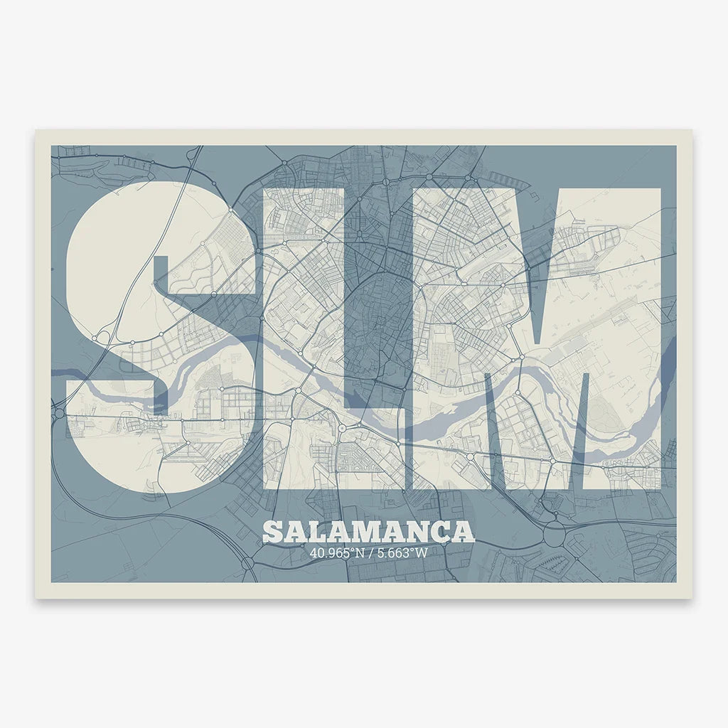 Decorative print of Salamanca composed with letters in a heavy geometric font printed on bluish gray and an off-white background