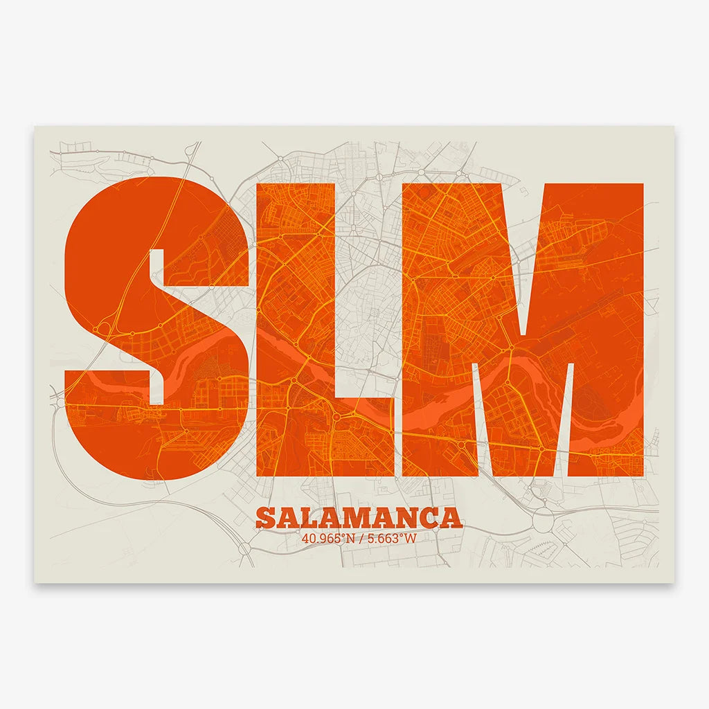 Decorative print of Salamanca composed with letters in a heavy geometric font printed on orange and an off-white background