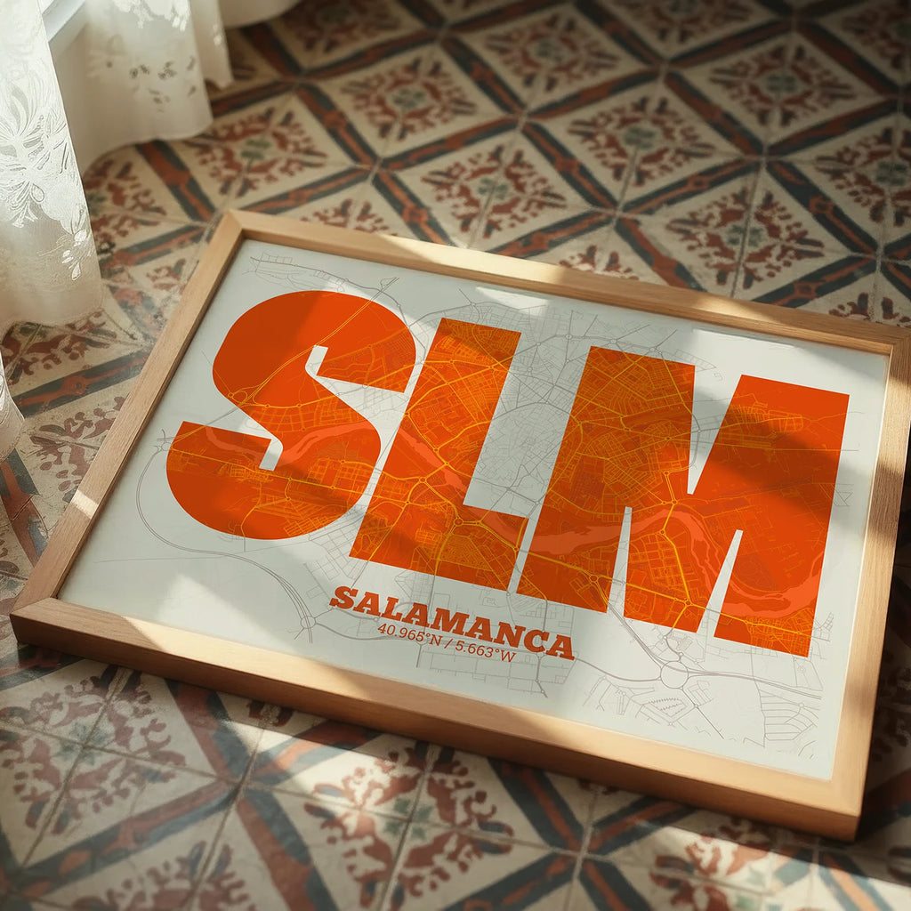 Modern interior design with a Salamanca in Super Bold design, a typographic poster where the city map is overlaid with extra-thick lettering for a modern, high-impact look designed in orange and an off-white background, displayed on a living room wall