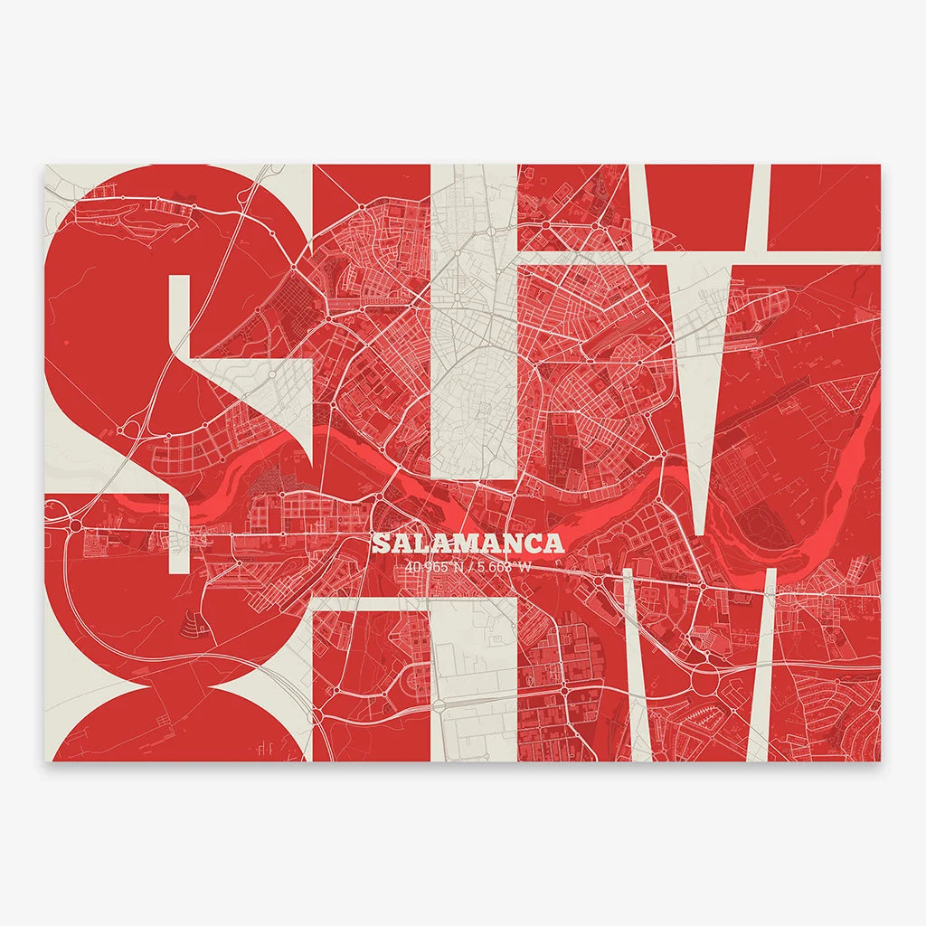 The map of Salamanca in Inseparable design, featuring the city's abbreviation in expressive typography over a detailed urban map designed in red and an off-white background
