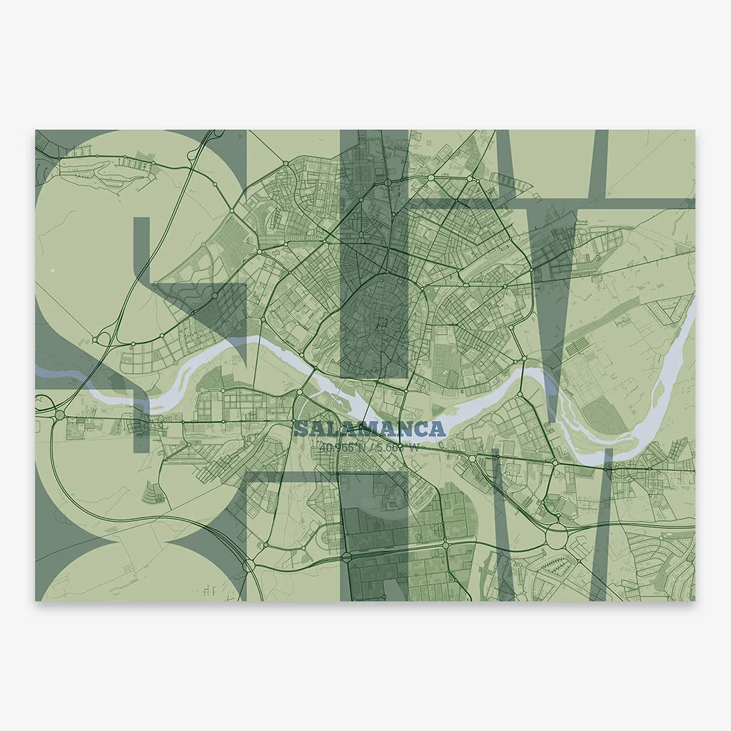 Poster of Salamanca composed with letters from its abbreviation or its airport IATA code printed on two green tones