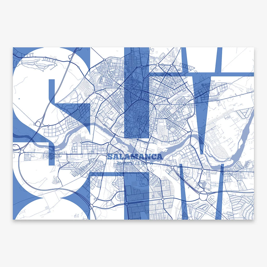 Poster of Salamanca composed with letters from its abbreviation or its airport IATA code printed on navy blue and white