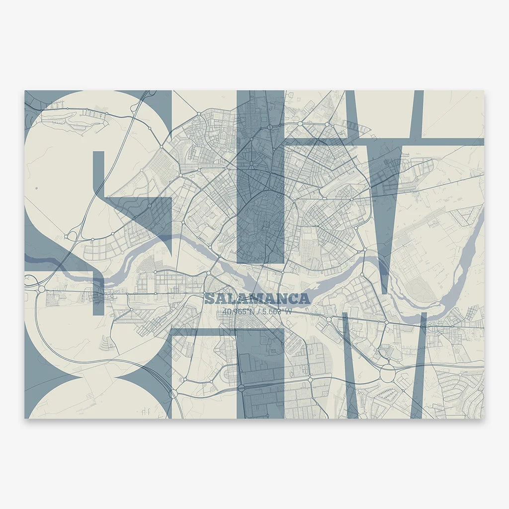 Poster of Salamanca composed with letters from its abbreviation or its airport IATA code printed on bluish gray and an off-white background