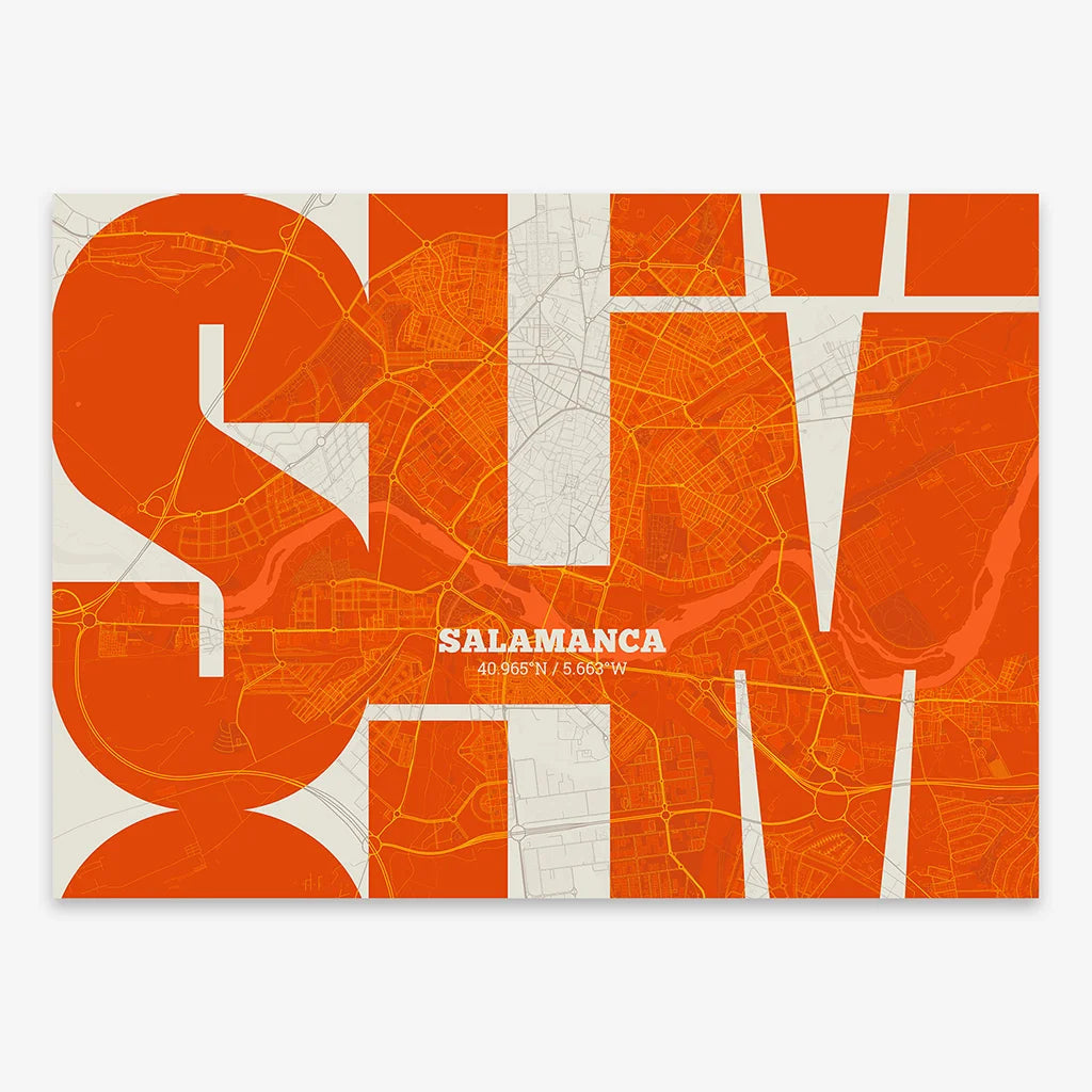 Poster of Salamanca composed with letters from its abbreviation or its airport IATA code printed on orange and an off-white background