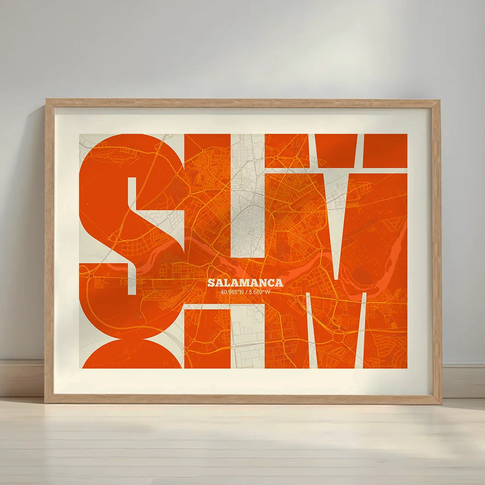 Framed Salamanca in Inseparable design, featuring the city's abbreviation in expressive typography over a detailed urban map designed in orange and an off-white background with a white margin border in a warm lit minimalist setting