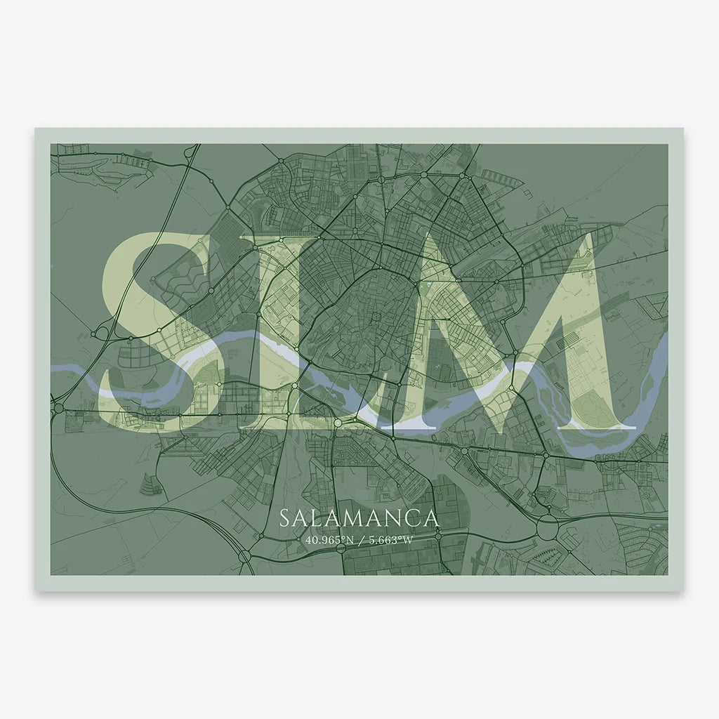 Decorative map of Salamanca composed with letters in serif font printed on two green tones