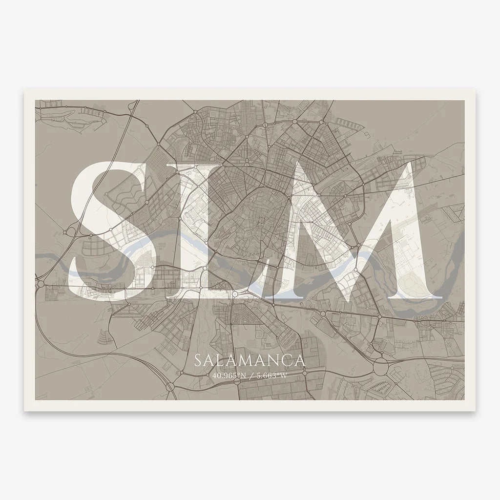 Decorative map of Salamanca composed with letters in serif font printed on light brown and an off-white background
