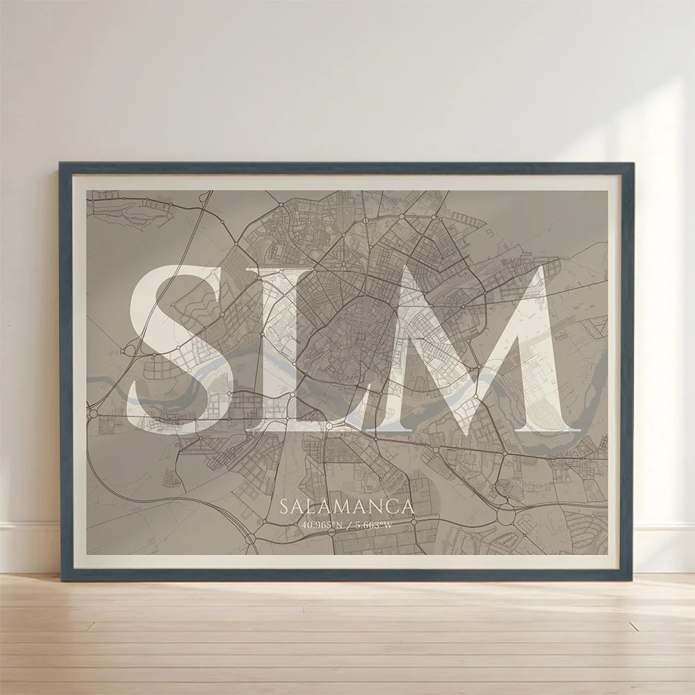 Framed Salamanca in Classic design, inspired by chiseled typography with an elegant font that creates a beautiful visual contrast designed in light brown and an off-white background with no border edge-to-edge print leaning against a wall