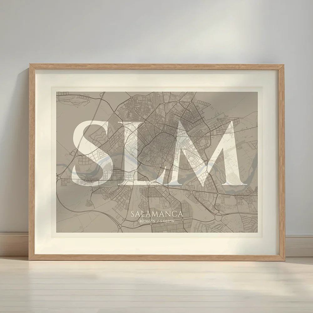 Framed Salamanca in Classic design, inspired by chiseled typography with an elegant font that creates a beautiful visual contrast designed in light brown and an off-white background with a white margin border in a warm lit minimalist setting