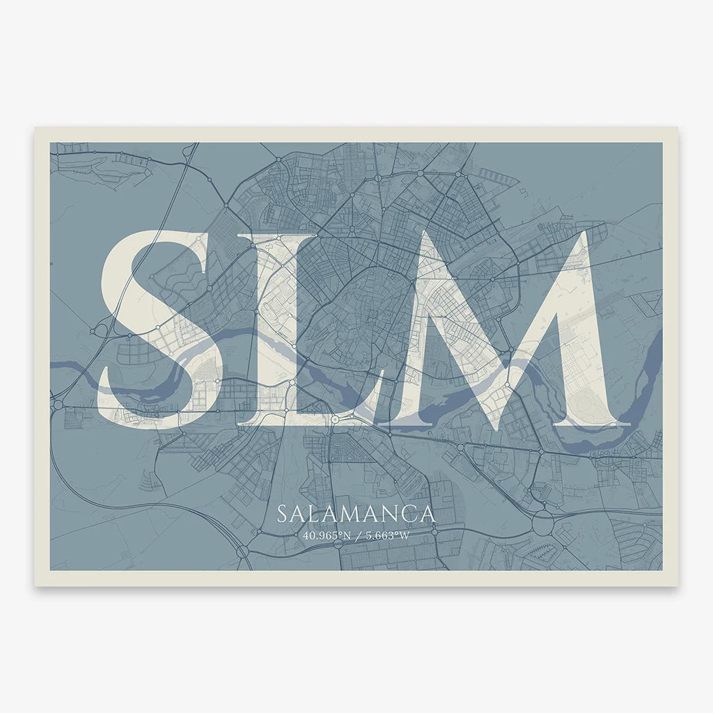 Decorative map of Salamanca composed with letters in serif font printed on bluish gray and an off-white background