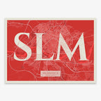 Decorative map of Salamanca composed with letters in serif font printed on red and an off-white background