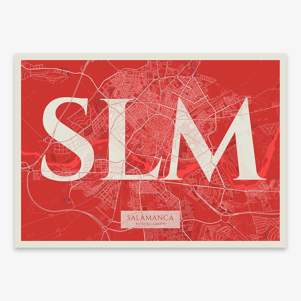 Decorative map of Salamanca composed with letters in serif font printed on red and an off-white background