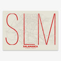 Poster of Salamanca composed with letters in extra light font printed on red and an off-white background