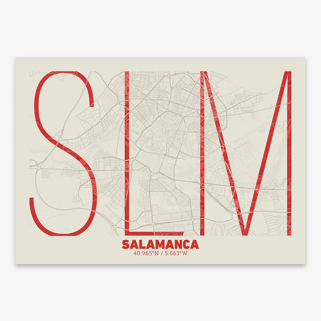 Poster of Salamanca composed with letters in extra light font printed on red and an off-white background