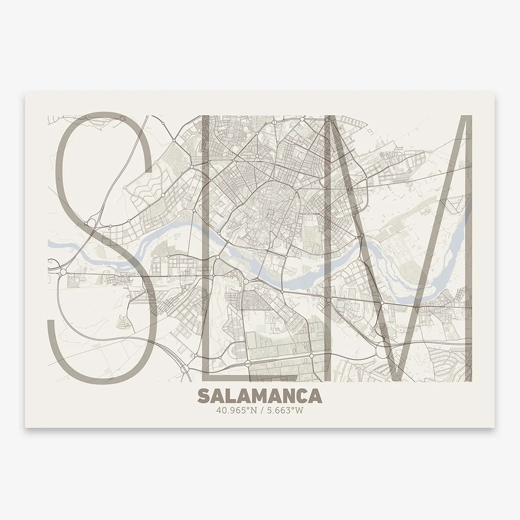 Poster of Salamanca composed with letters in extra light font printed on light brown and an off-white background