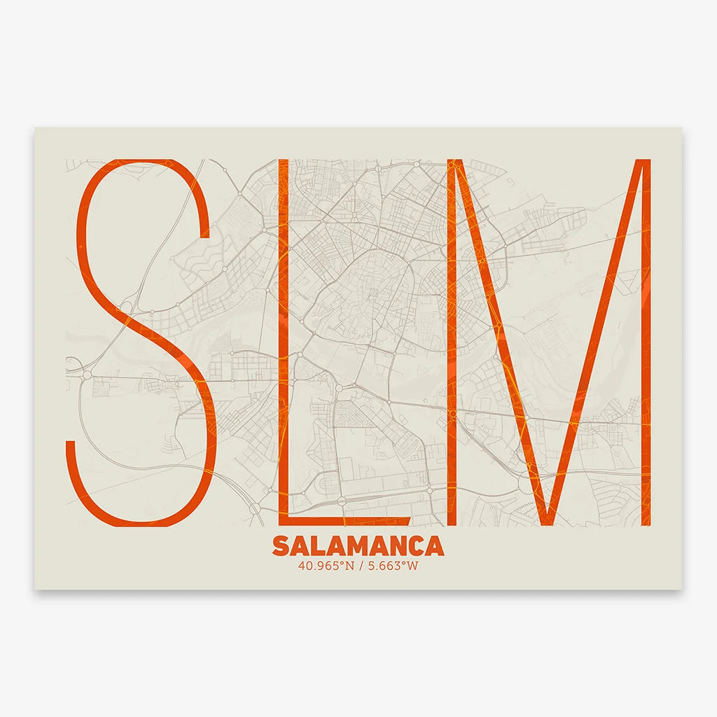 Poster of Salamanca composed with letters in extra light font printed on orange and an off-white background