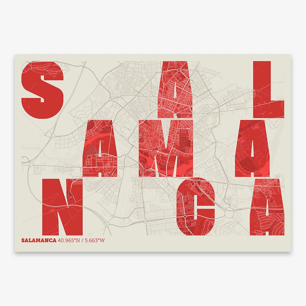 The map of Salamanca in Unruled design, where the city name letters appear randomly across different lines for a truly original urban layout designed in red and an off-white background