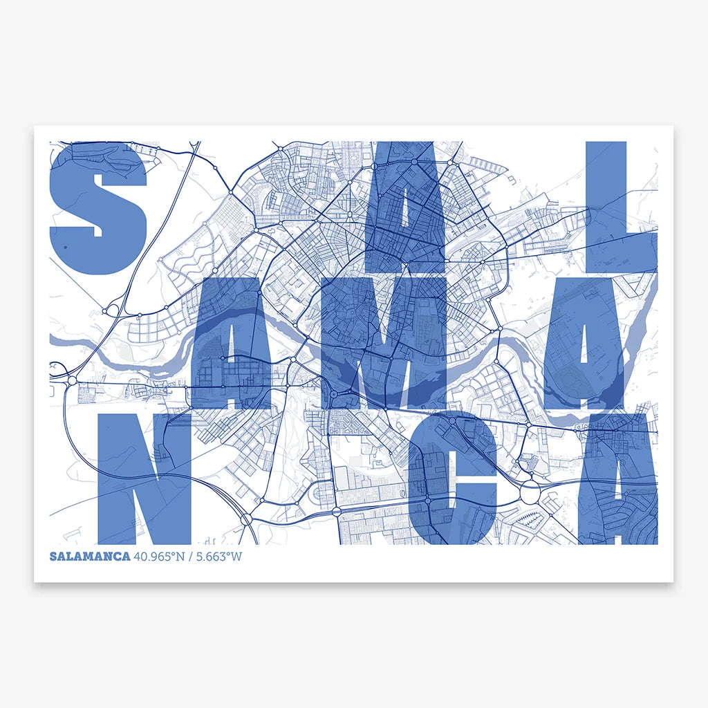 Decorative print of Salamanca with letters of its name placed randomly, designed in navy blue and white