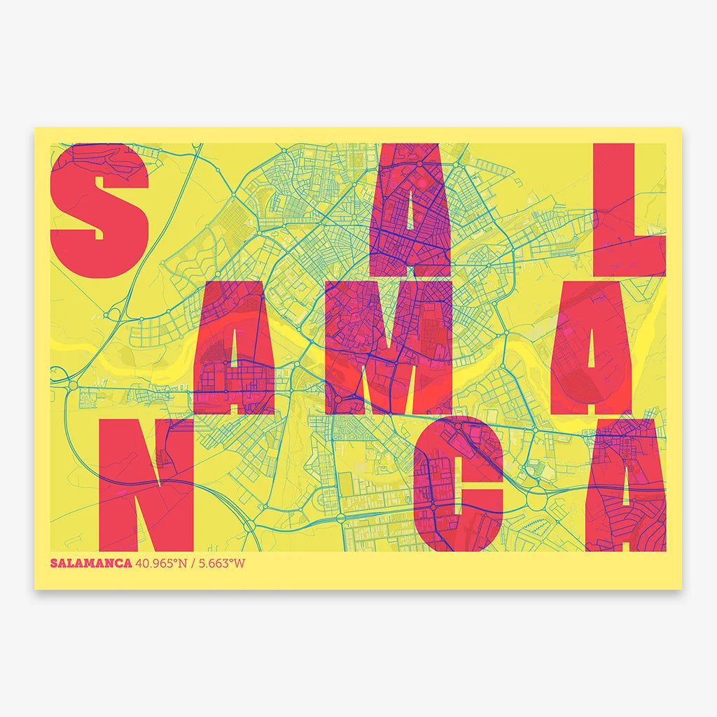 Decorative print of Salamanca with letters of its name placed randomly, designed in yellow and fuchsia