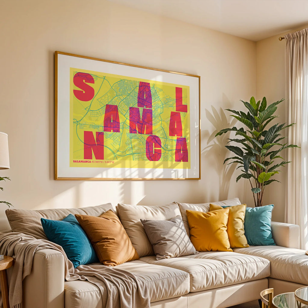 Modern interior design with a Salamanca in Unruled design, where the city name letters appear randomly across different lines for a truly original urban layout designed in yellow and fuchsia, displayed on a living room wall