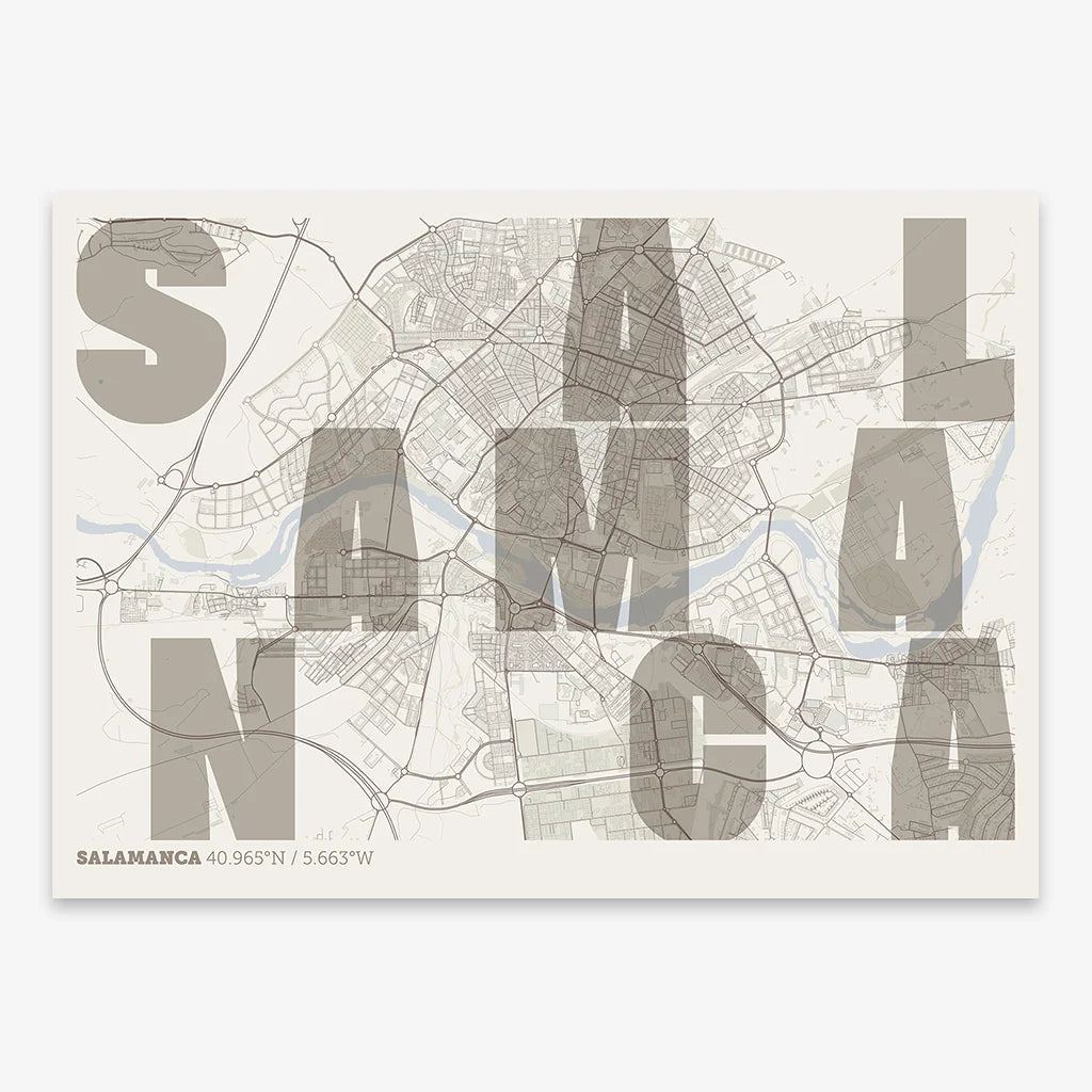 Decorative print of Salamanca with letters of its name placed randomly, designed in light brown and an off-white background
